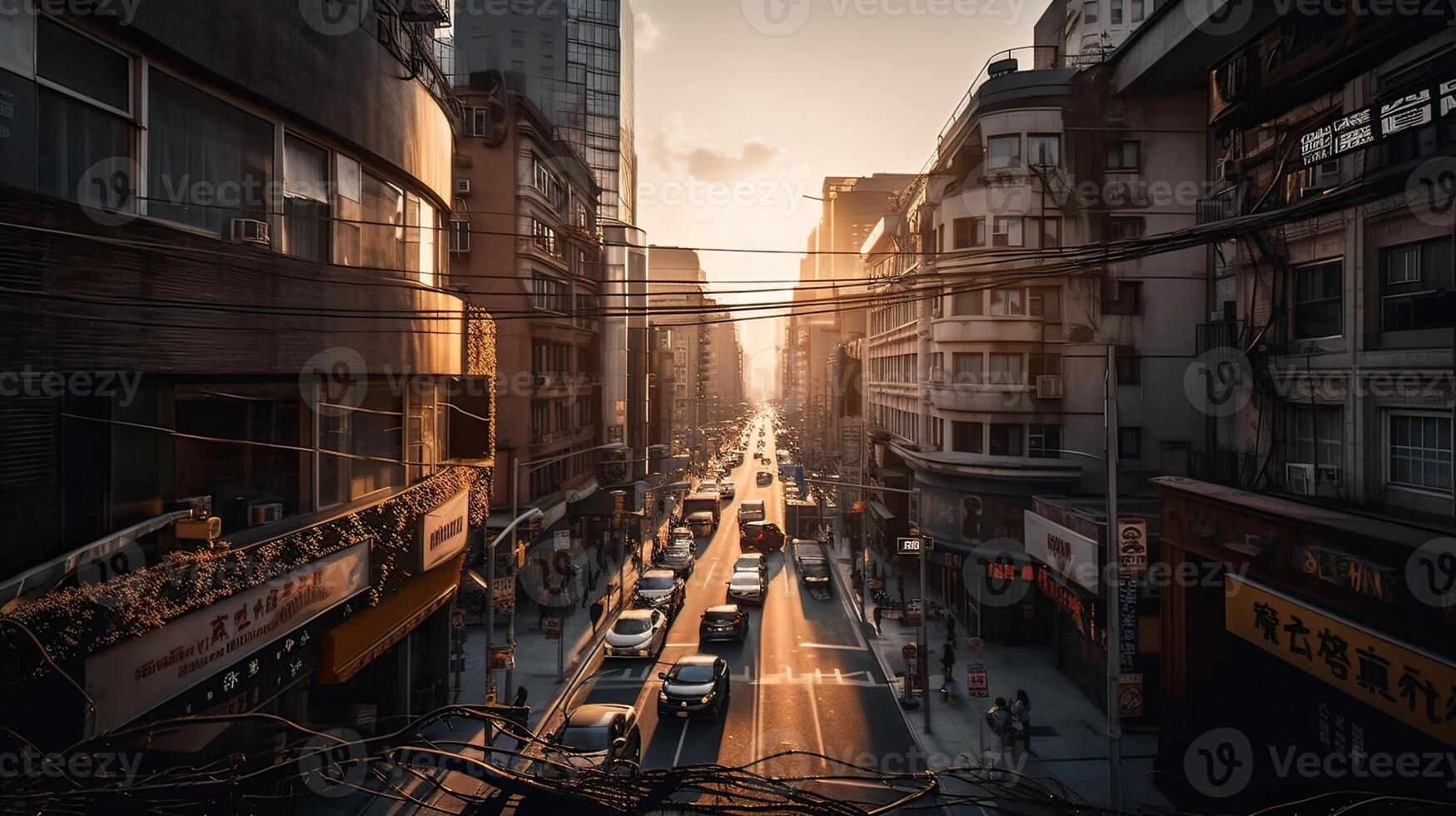 ein schön und dramatisch Panorama- fotografieren von das Stadt Horizont, genommen auf ein golden Abend nach Sonnenuntergang. generativ ai. foto