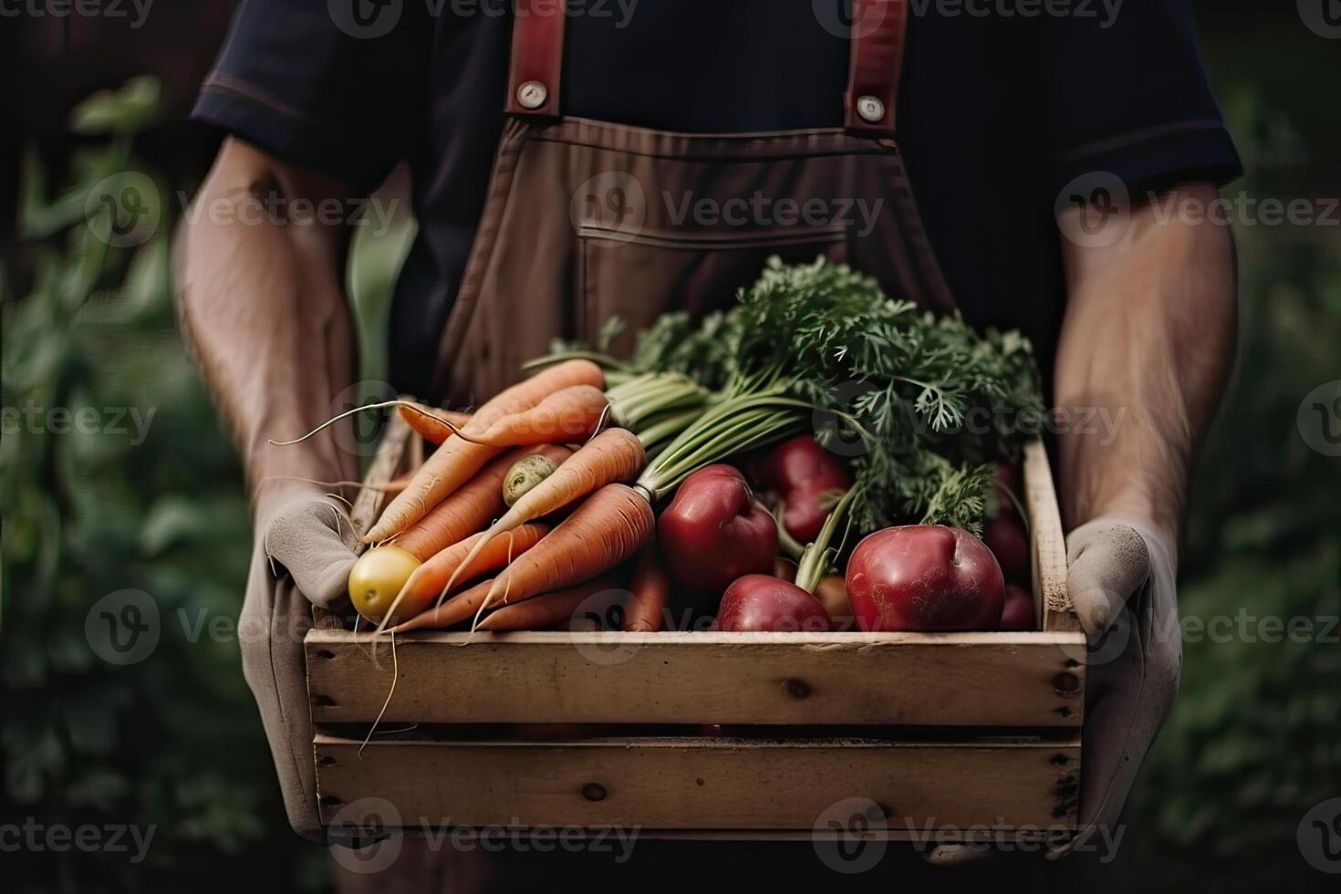 Korb mit Gemüse Kohl, Möhren, Gurken, Rettich und Pfeffer im das Hände von ein Farmer Hintergrund von Natur Konzept von biologisch, bio Produkte. generativ ai. foto