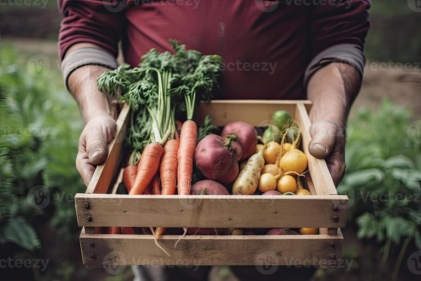 Korb mit Gemüse Kohl, Möhren, Gurken, Rettich und Pfeffer im das Hände von ein Farmer Hintergrund von Natur Konzept von biologisch, bio Produkte. generativ ai. foto