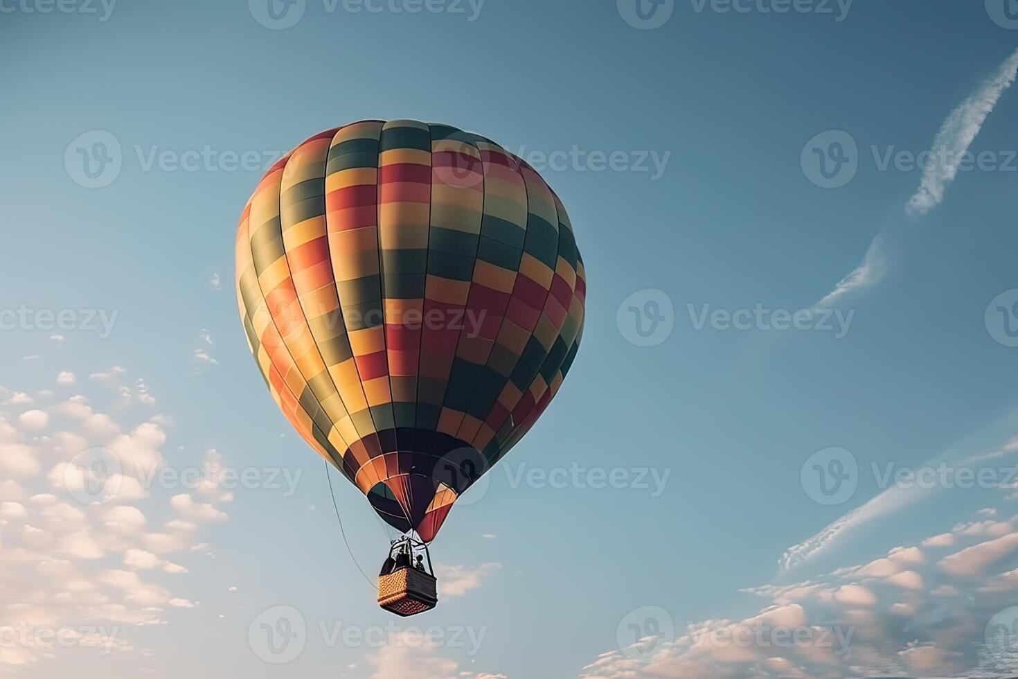 bunt heiß Luft Ballon fliegend auf Himmel beim Sonnenuntergang. Reise und Luft Transport Konzept. generativ ai. foto