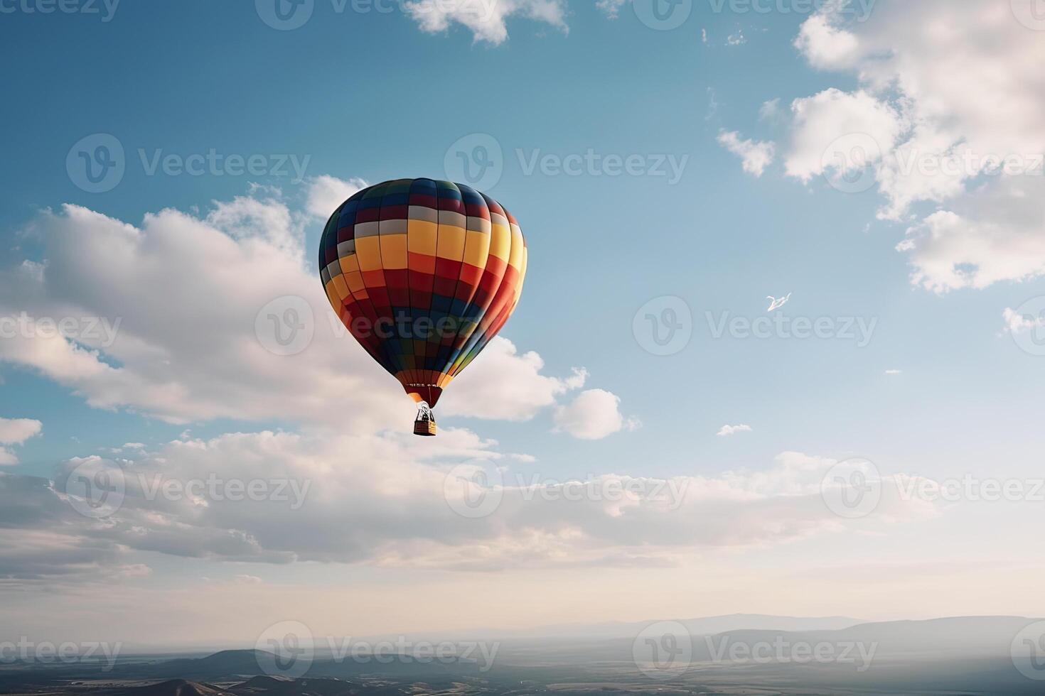 bunt heiß Luft Ballon fliegend auf Himmel beim Sonnenuntergang. Reise und Luft Transport Konzept. generativ ai. foto