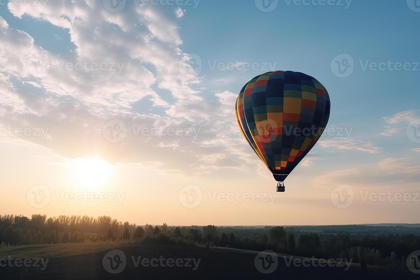 bunt heiß Luft Ballon fliegend auf Himmel beim Sonnenuntergang. Reise und Luft Transport Konzept. generativ ai. foto