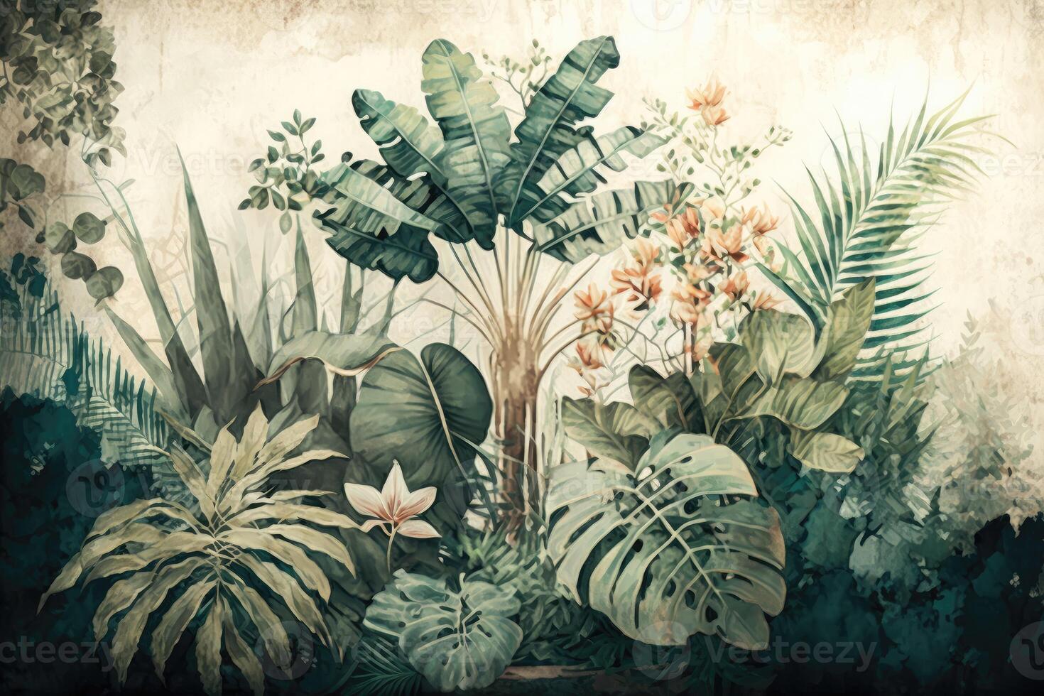tropisch Pflanzen und Bäume Aquarell Gemälde zum Textur Hintergrund Foto Hintergrund.
