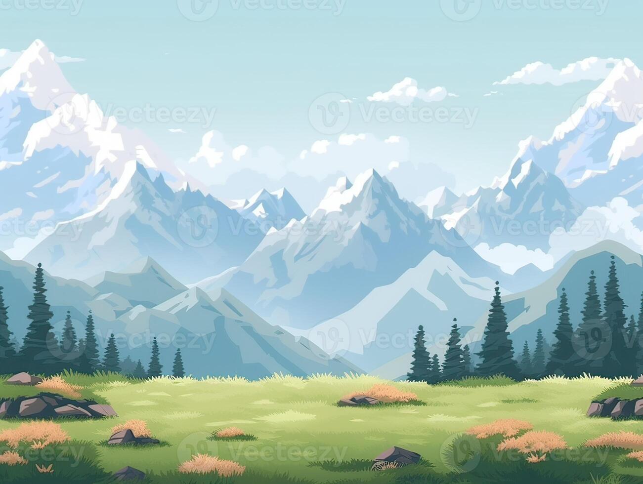 Illustration von eben Sommer- Karikatur Landschaft. Felder mit Bäume und Berge im das Hintergrund. generativ ai. foto