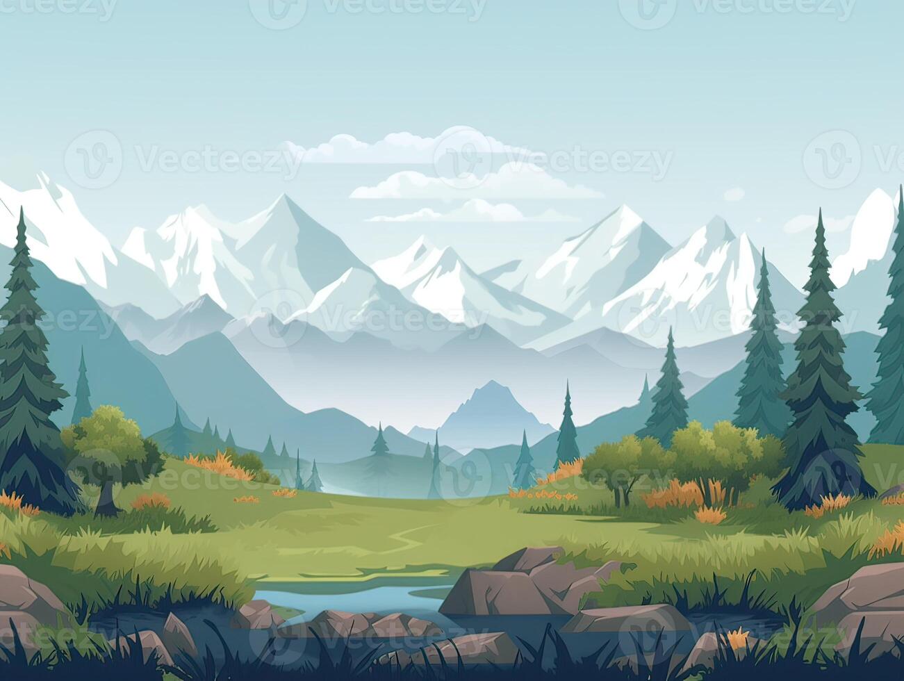 Illustration von eben Sommer- Karikatur Landschaft. Felder mit Bäume und Berge im das Hintergrund. generativ ai. foto