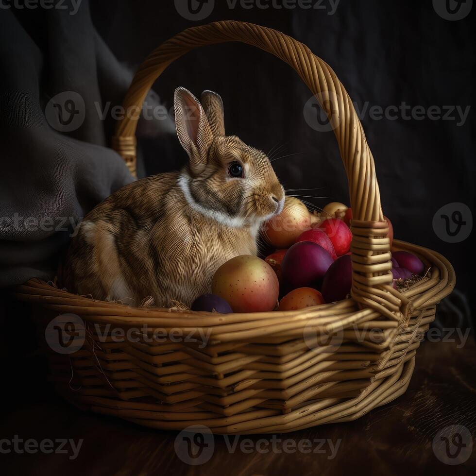 Ostern süß Hase Sitzung mit Korb von farbig Eier auf Hintergrund von Frühling Natur. erstellt mit generativ ai. foto