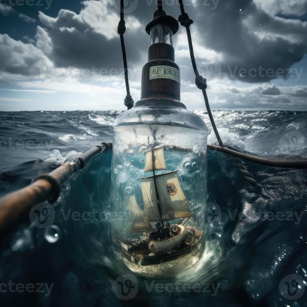 Segeltuch Schiff im geschlossen mit Kork Flasche. erstellt mit generativ ai. foto
