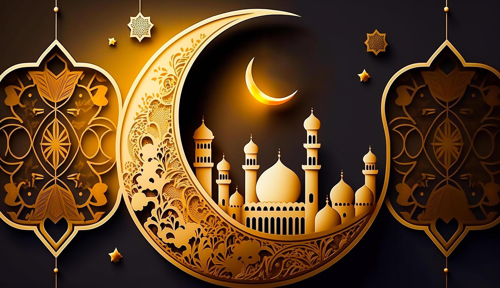 Ramadan kareem thematisch, Laterne islamisch Moschee und Halbmond Mond, generativ ai foto