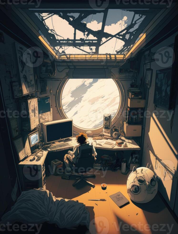 Illustration Karikatur Design von ein überfüllt Astronauten Sitzung Schlafzimmer im das Raumschiff und suchen draußen zu das Raum Sicht. Raumfahrer Sitzung Schlafzimmer im Raumschiff. nicht existent Person. generativ ai foto