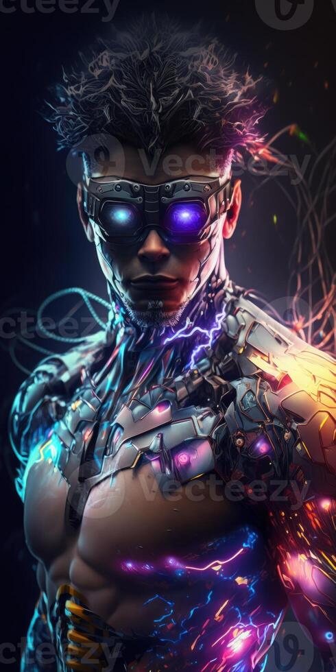 Porträt von ein jung Cyborg Mann mit futuristisch Farbe Metall virtuell Wirklichkeit Gläser, Cyborg Mann erweitert Wirklichkeit, und futuristisch Vision 3d. nicht existent Person. generativ ai foto