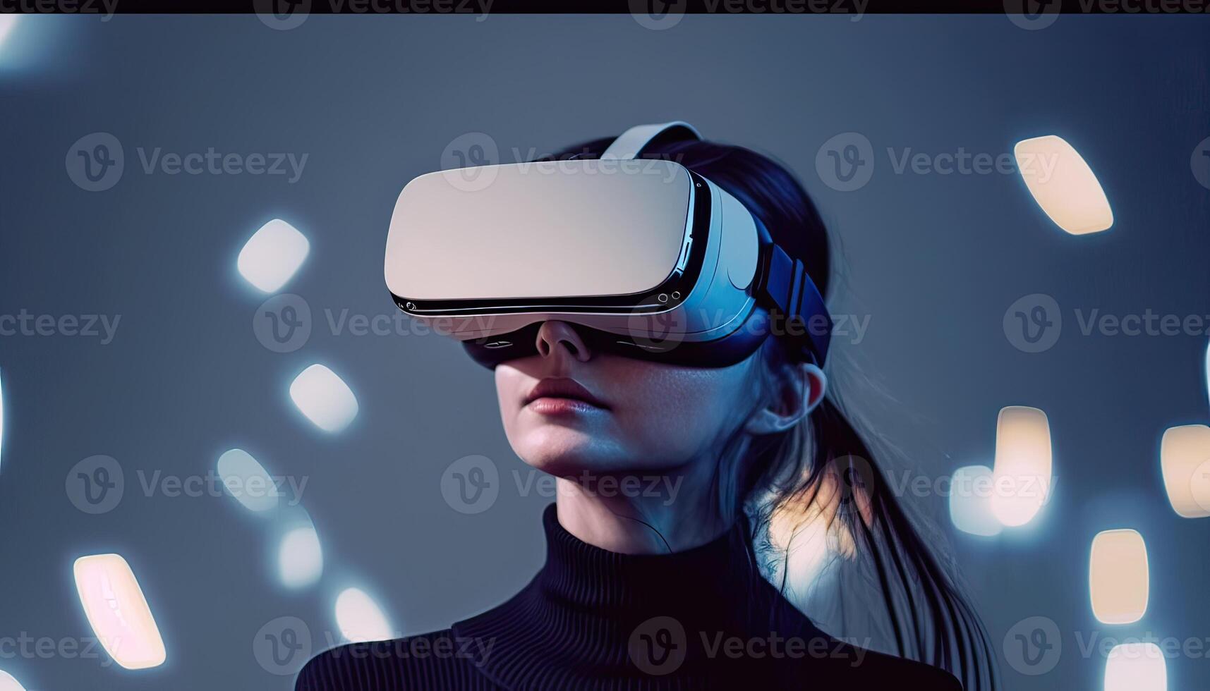 Frau tragen virtuell Wirklichkeit Brille Stehen im virtuell Welt Hintergrund. Konzept von virtuell Wirklichkeit Technologie. nicht existent Person. generativ ai foto