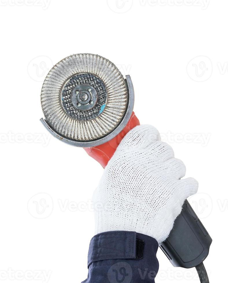 Hand im Handschuh halten kreisförmig sah mit ein Schleifmittel Platte auf Weiß foto