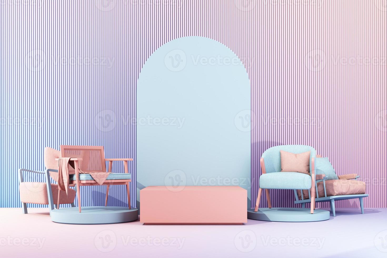 Innere Design Konzept von Zuhause Dekorationen und Möbel während Aktionen und Rabatte, umgeben durch Stuhl, Sofa, Sessel und Werbung Räume. Pastell- Regenbogen farbig Hintergrund. 3d machen foto