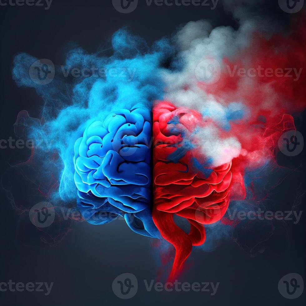 verwenden von Verstand Konzept Verstand von ein Mensch rot mit und Blau Rauch generativ ai foto