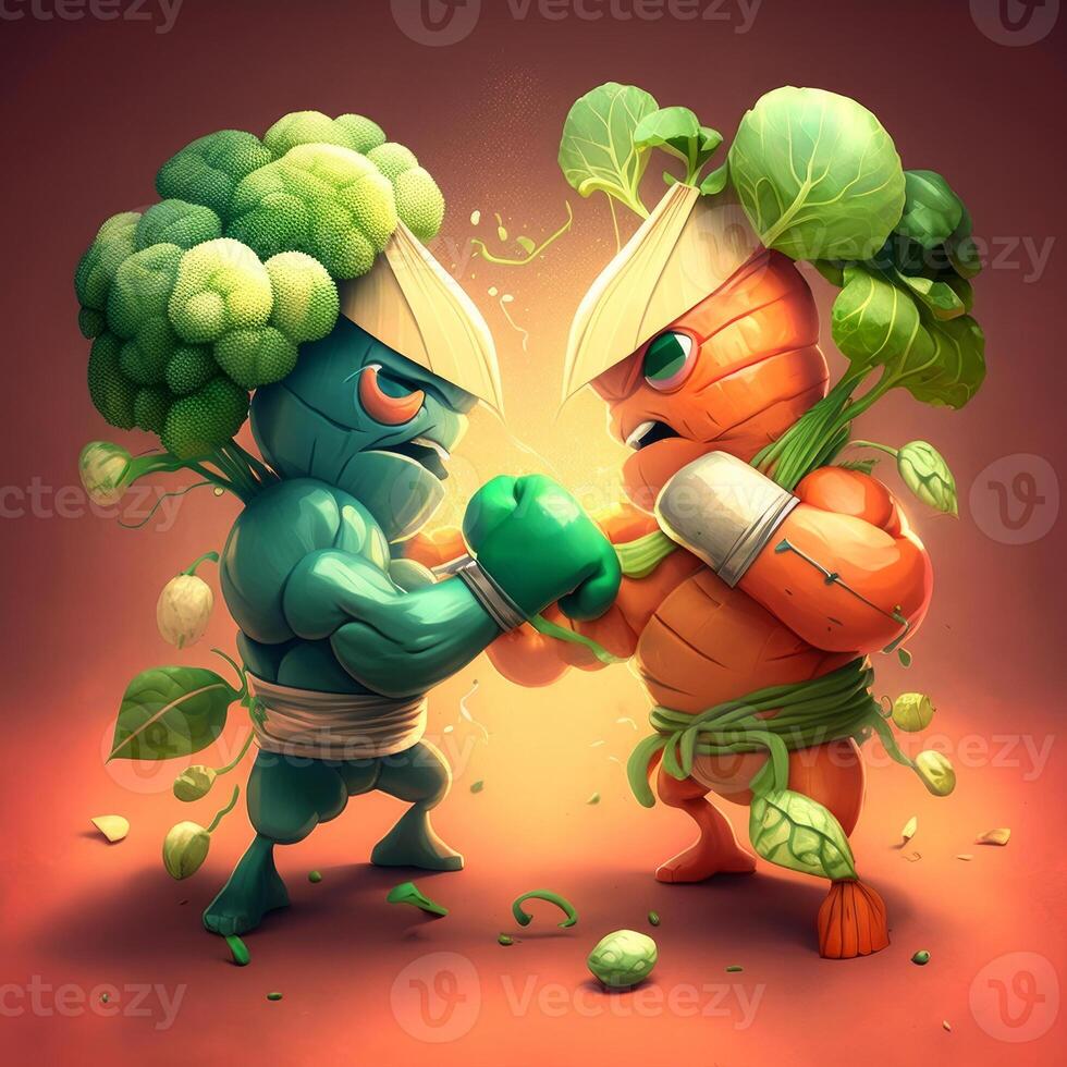 Gemüse Kampf Turnier im Karikatur Charakter Bild generativ ai foto