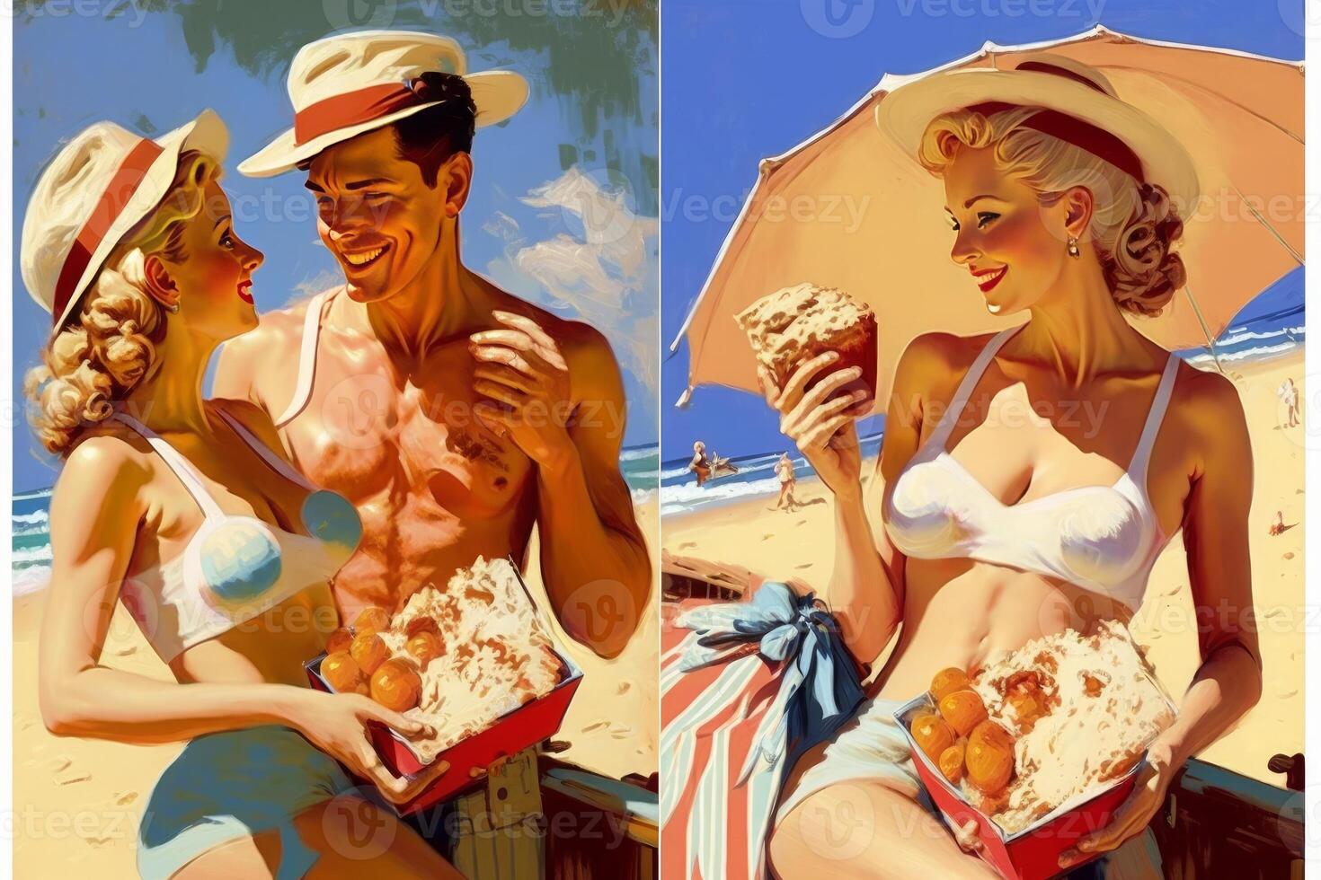 stilvoll Mann und Frau auf das Strand Gil elvgren Stil generativ ai foto