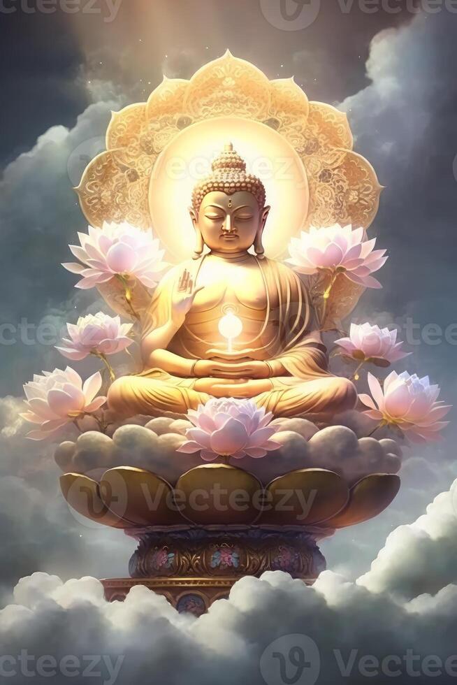 Buddha im Buddhismus sitzt auf ein Wolke umgeben durch Rosa Lotus generativ ai foto