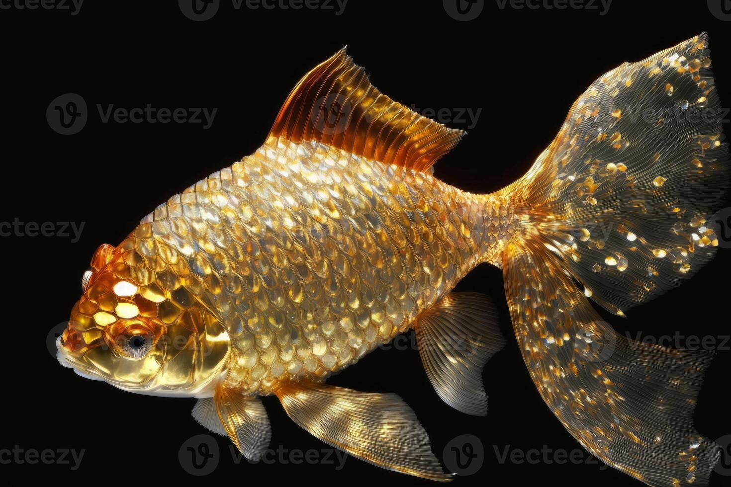 golden wellig Karpfen schwimmt im das wässrig Körper auf schwarz Hintergrund generativ ai foto