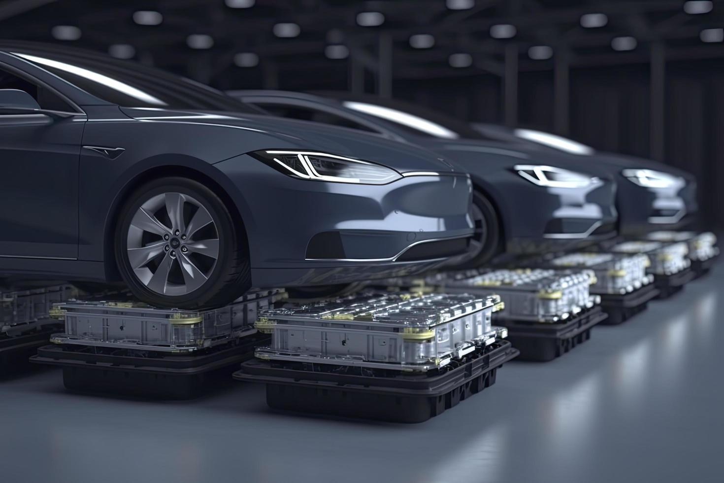 elektrisch Autos mit Pack von Batterie Zellen Modul auf Plattform im ein Reihe foto