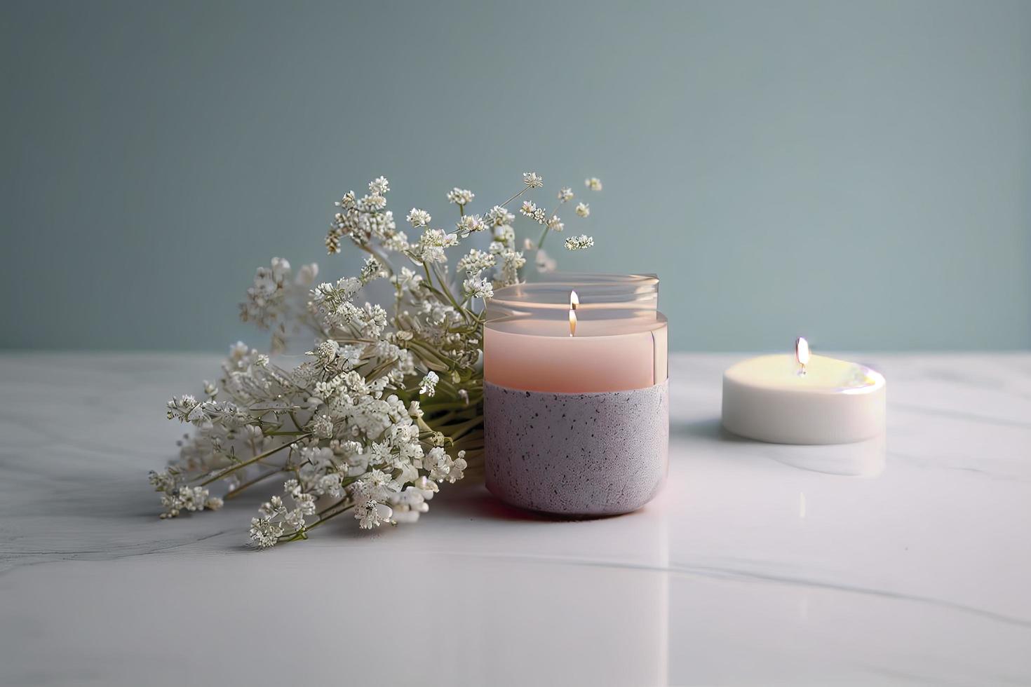 mit ein Menge von Kopieren Raum, nett sanft Hintergrund mit Gypsophila Blumen und Kerze auf Marmor Hintergrund foto