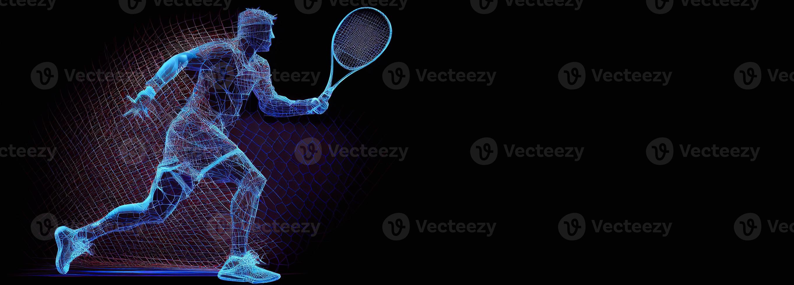 abstrakt Silhouette von ein Tennis Spieler auf Blau Hintergrund. Tennis Spieler Mann mit Schläger Treffer das Ball. Illustration ai foto