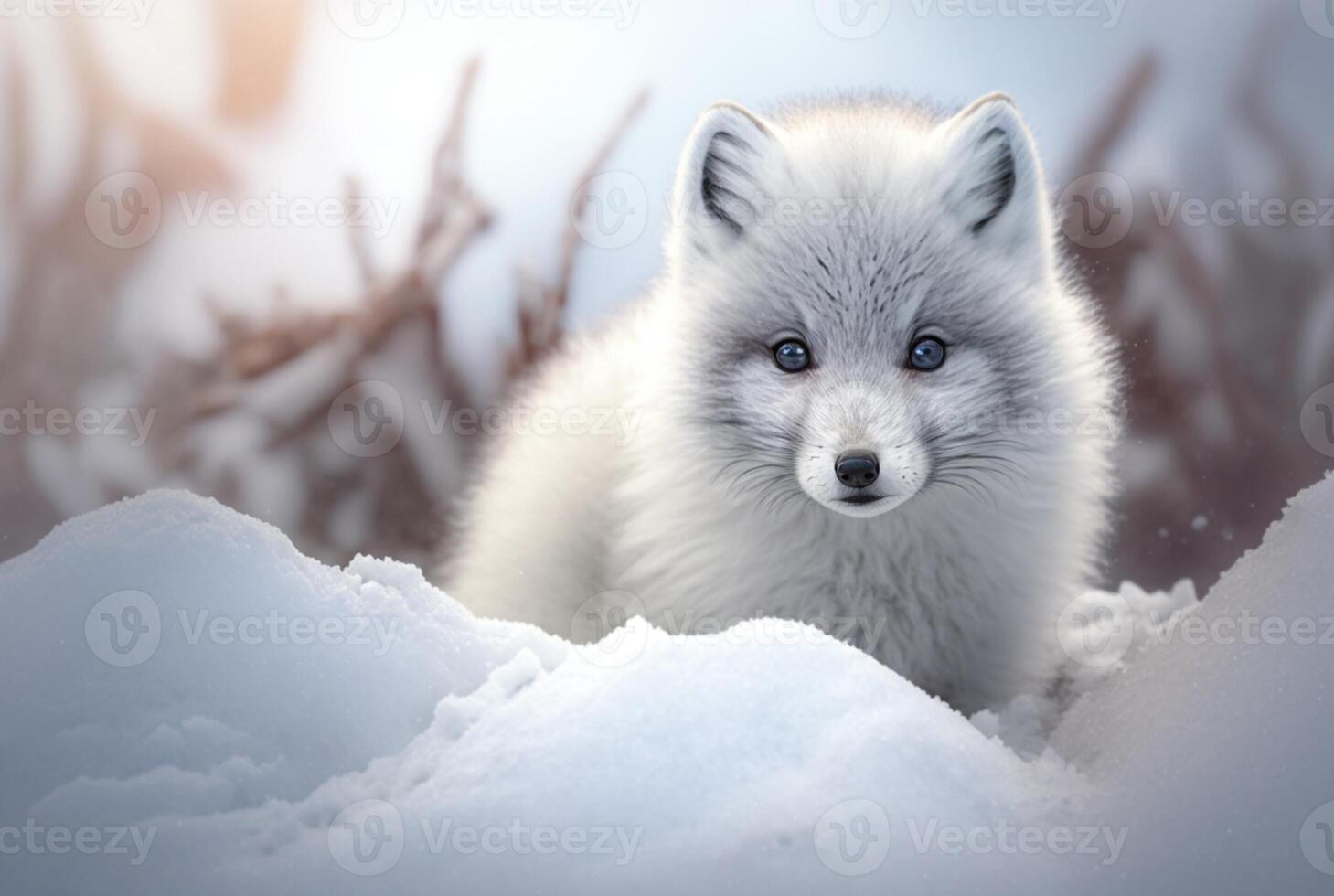 Arktis Fuchs Welpe oder Vulpes Lagopus im Schnee Lebensraum, generativ ai foto