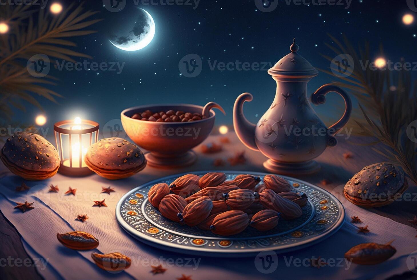 festlich Ramadan kareem Foto Hintergrund mit Tasse von Tee und Termine zum iftar Speisekarte. generativ ai Illustration