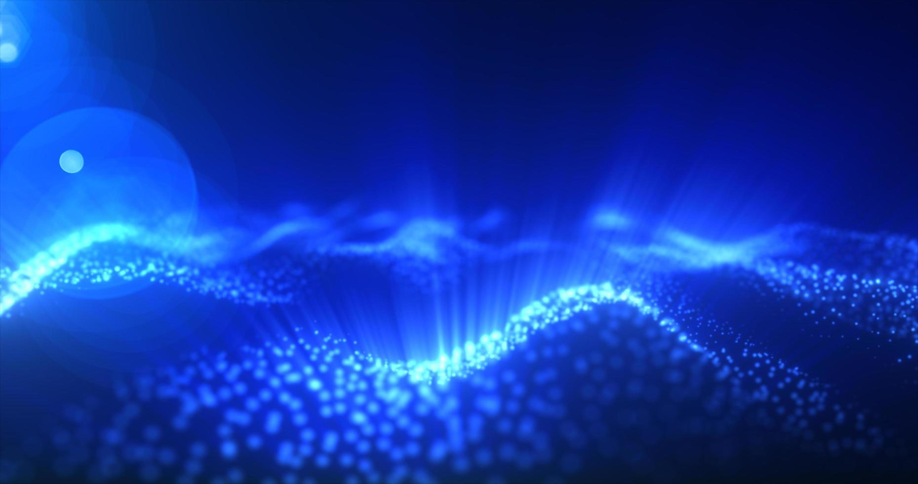 abstrakte leuchtend blaue magische energiewelle aus partikeln und punkten hell glänzend auf dunkelblauem hintergrund. abstrakter Hintergrund foto