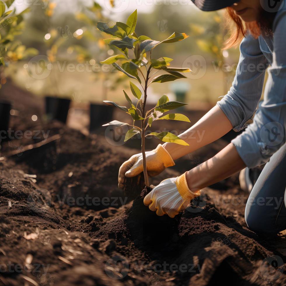 Pflanzen Bäume zum ein nachhaltig Zukunft. Gemeinschaft Garten und Umwelt Erhaltung - - fördern Lebensraum Wiederherstellung und Gemeinschaft Engagement auf Erde Tag foto