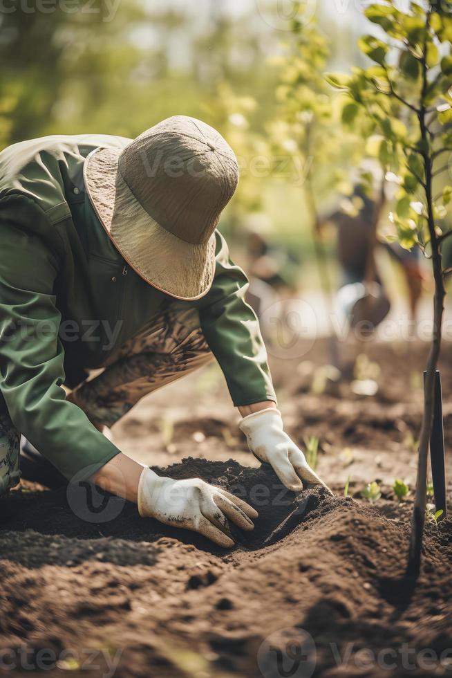 Pflanzen Bäume zum ein nachhaltig Zukunft. Gemeinschaft Garten und Umwelt Erhaltung - - fördern Lebensraum Wiederherstellung und Gemeinschaft Engagement auf Erde Tag foto