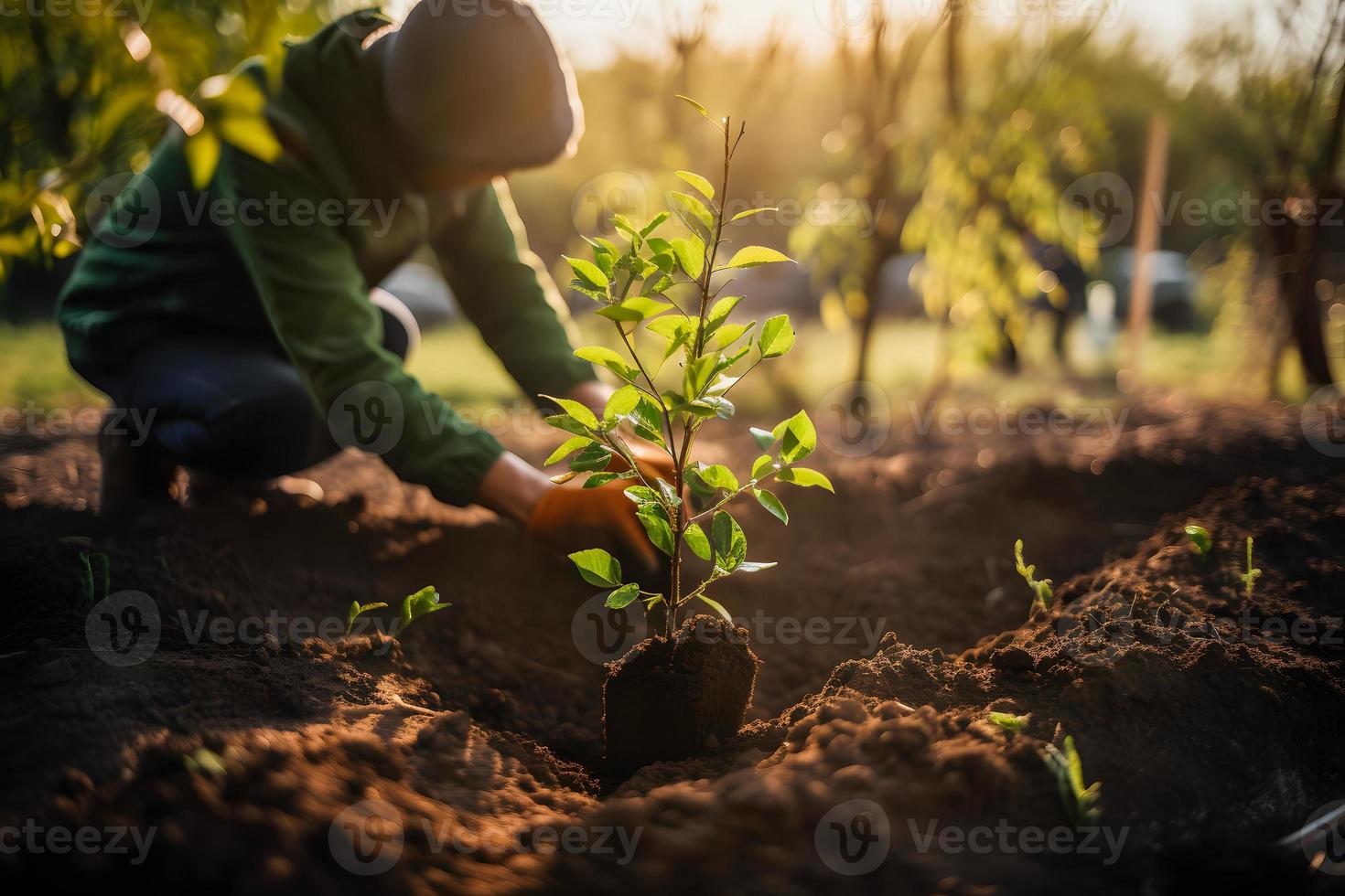 Pflanzen Bäume zum ein nachhaltig Zukunft. Gemeinschaft Garten und Umwelt Erhaltung - - fördern Lebensraum Wiederherstellung und Gemeinschaft Engagement auf Erde Tag foto