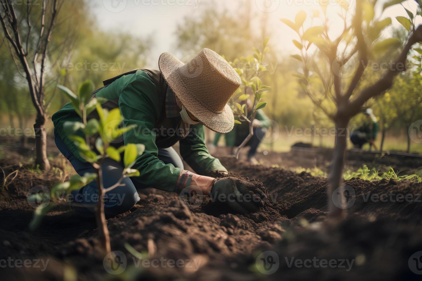 Pflanzen Bäume zum ein nachhaltig Zukunft. Gemeinschaft Garten und Umwelt Erhaltung - - fördern Lebensraum Wiederherstellung und Gemeinschaft Engagement auf Erde Tag foto