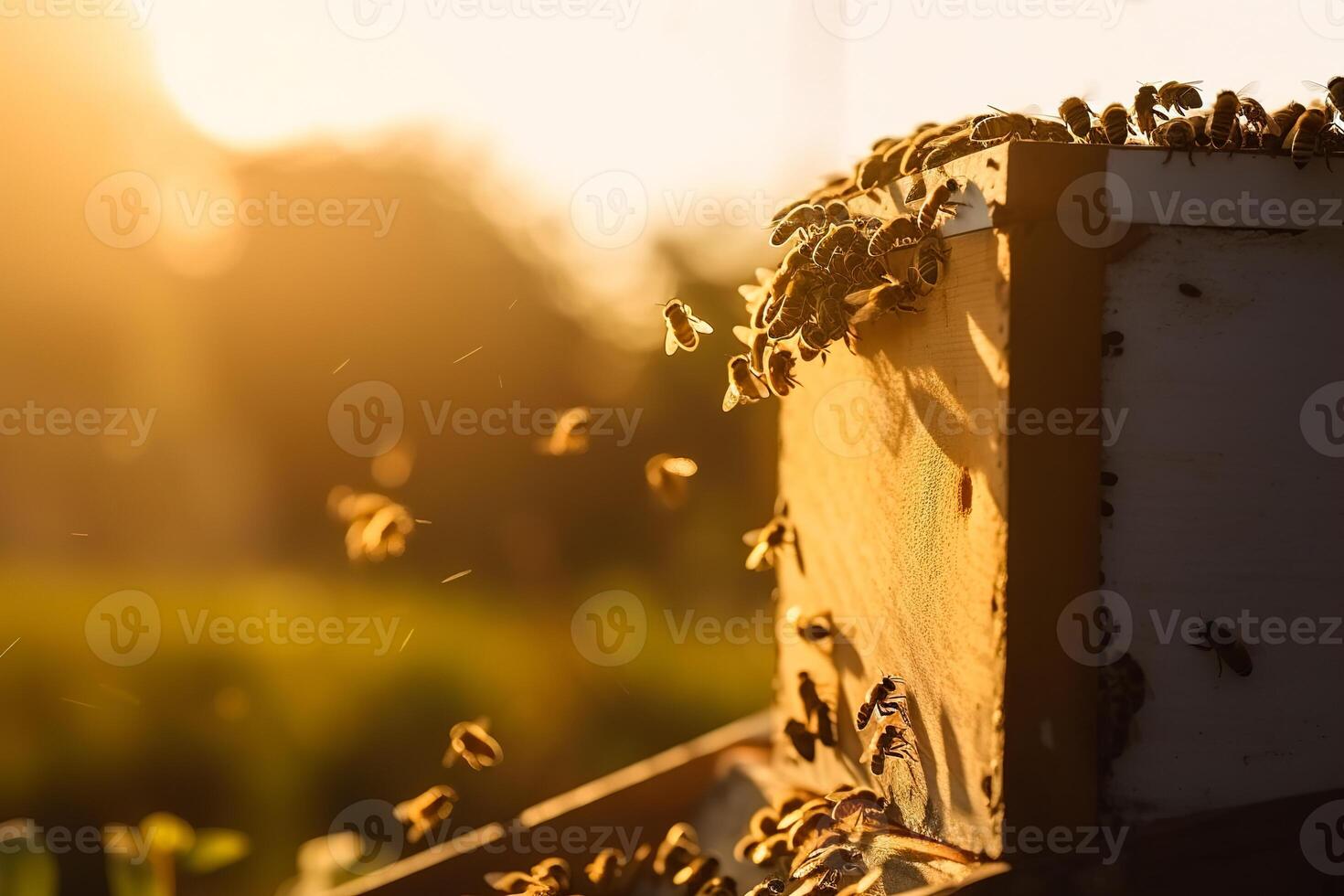 ein Schwarm von Bienen fliegend um das Bienenstock nach ein Tag von Sammeln Nektar von Blumen gegen das Rahmen Sonne, golden Stunde. das Konzept von Bienenzucht und behalten Bienen. ai generiert foto