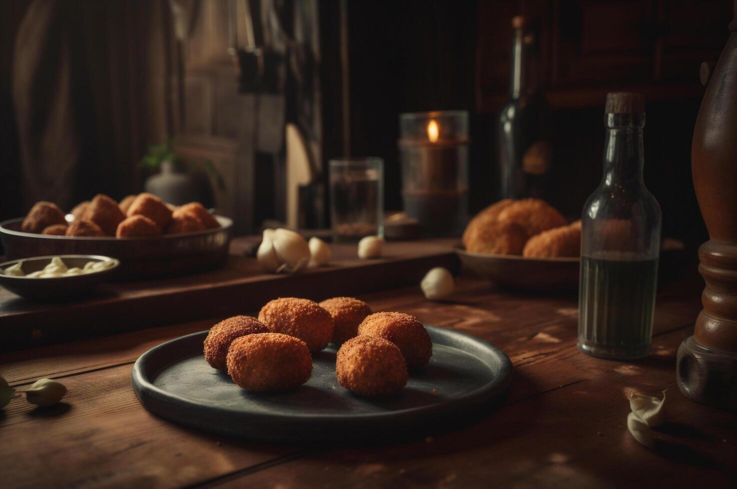 köstlich hausgemacht Kroketten auf hölzern Tabelle im rustikal Küche Hintergrund. ai generiert foto