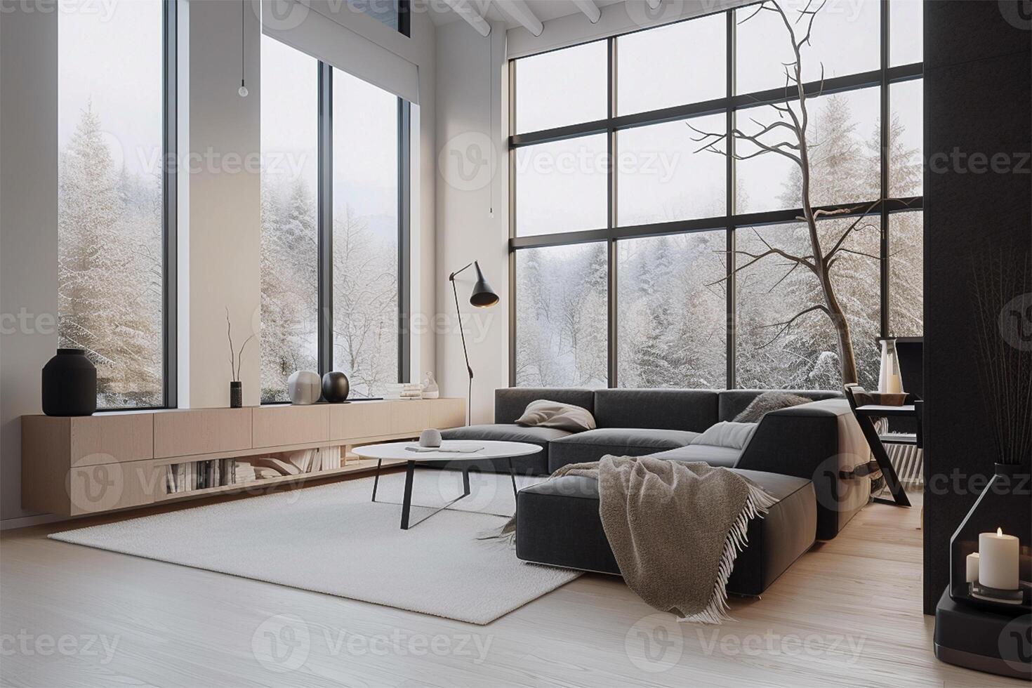 modern Leben Zimmer Innere mit groß Fenster. groß Bank von Fenster Hinweise beim Außen Sicht. generativ ai. foto