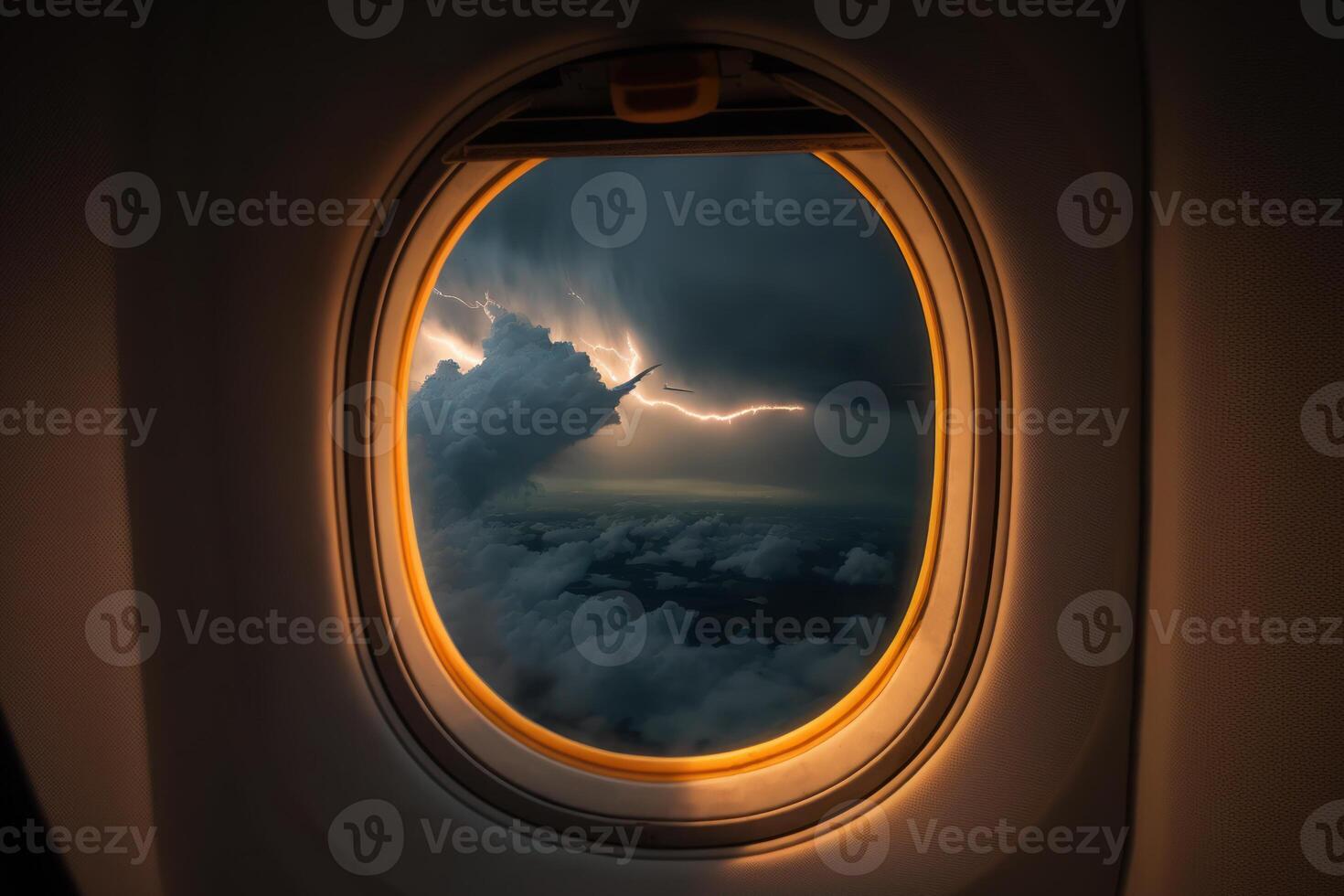 Gewitter Himmel draußen das Flugzeug Fenster generativ ai foto