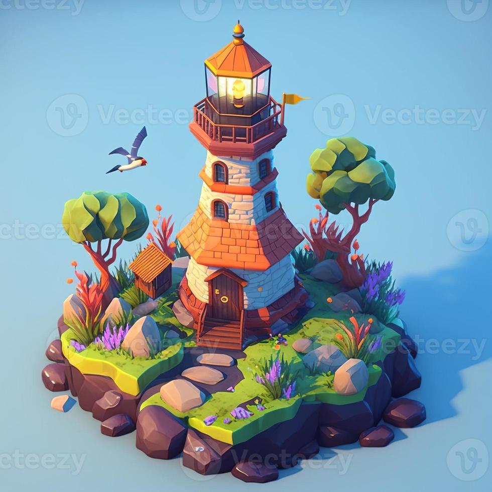 Insel Leuchtturm Landschaft im 3d mit fliegend Vögel, süß Stil. ai Digital Illustration foto