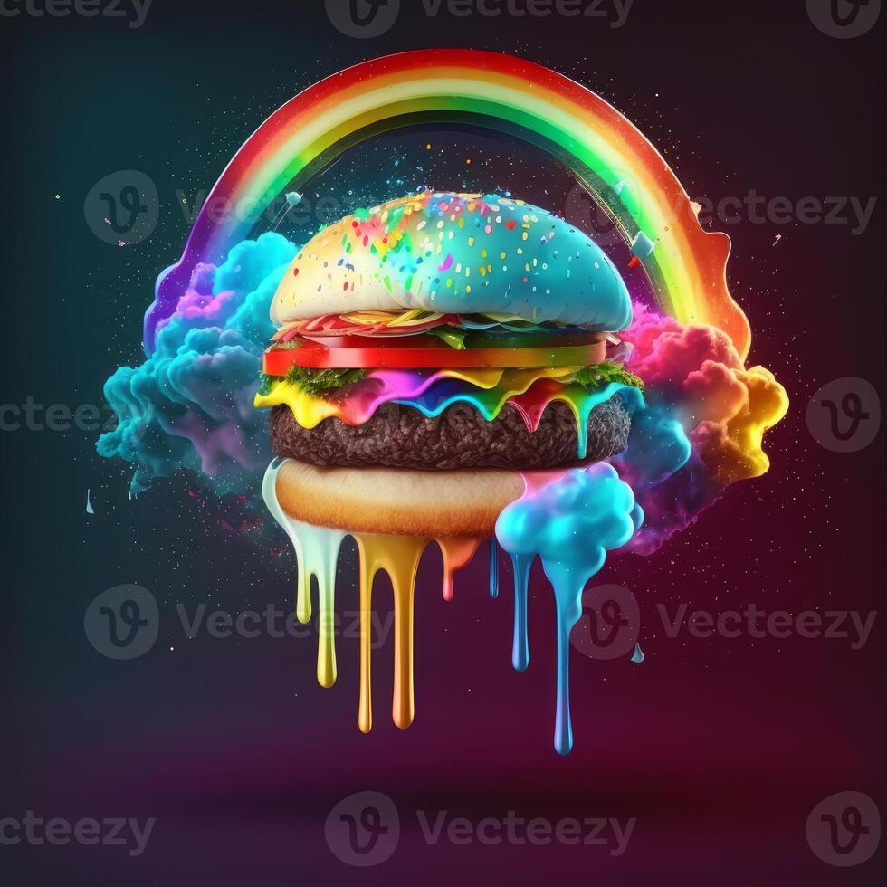 ui ux Hamburger tropft mit Käse und Regenbogen generativ ai foto