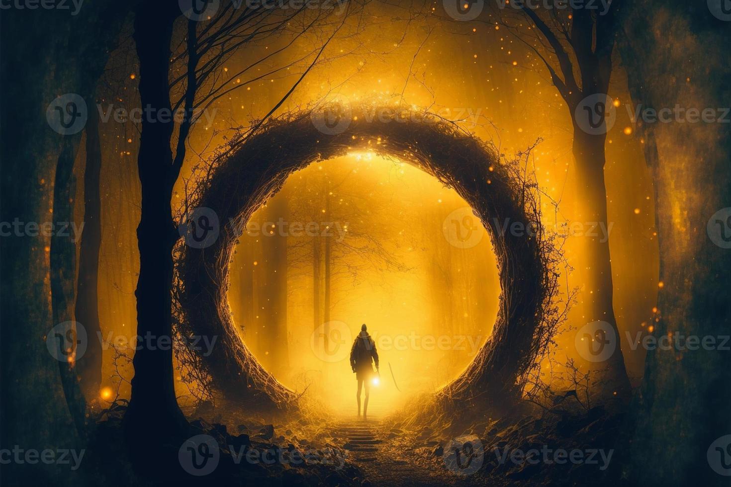 Wächter Krieger im Vorderseite von das mystisch Stein Portal im das Wald, Beleuchtung. ai foto