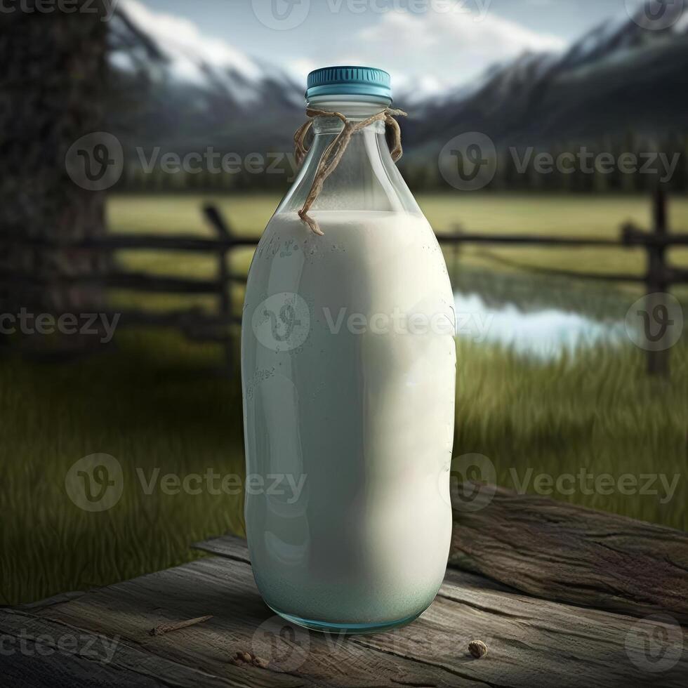 ein Milch Flasche gehalten im ein Bauernhof Bild generativ ai foto