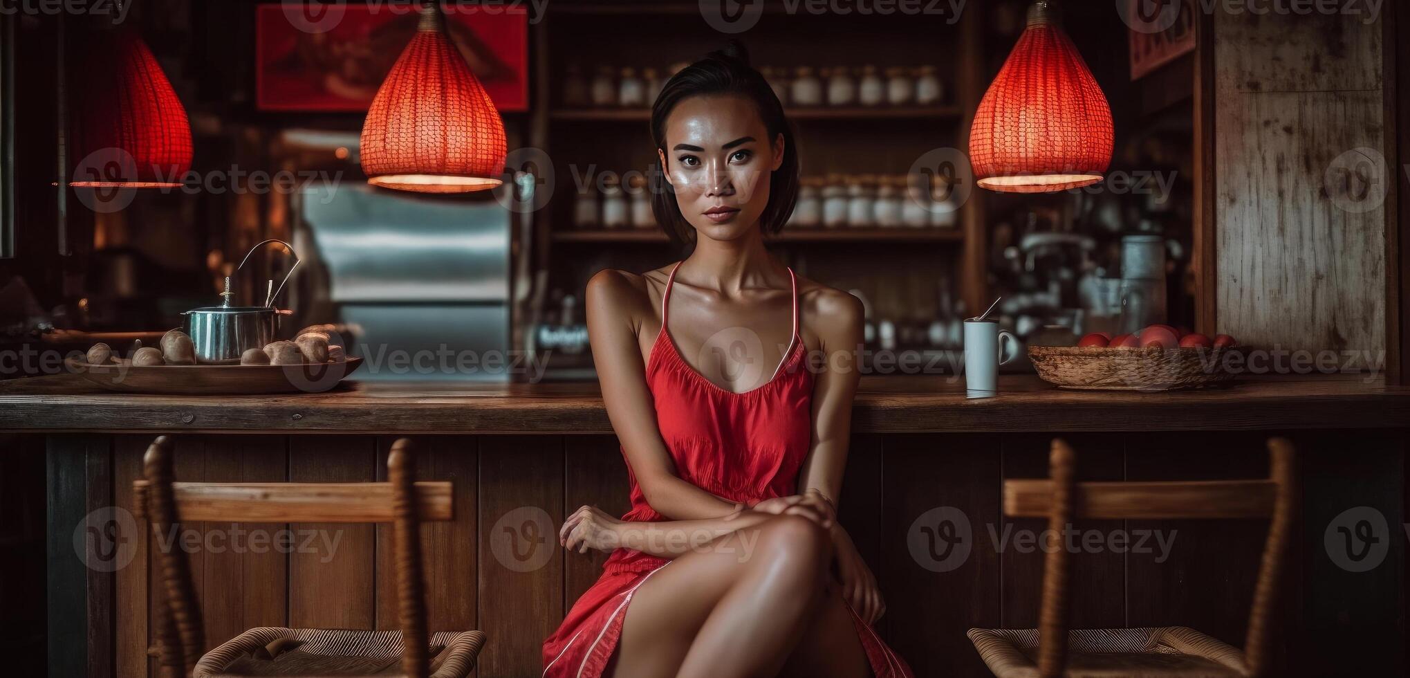 schön asiatisch Mädchen im rot kurz Kleid generativ ai foto