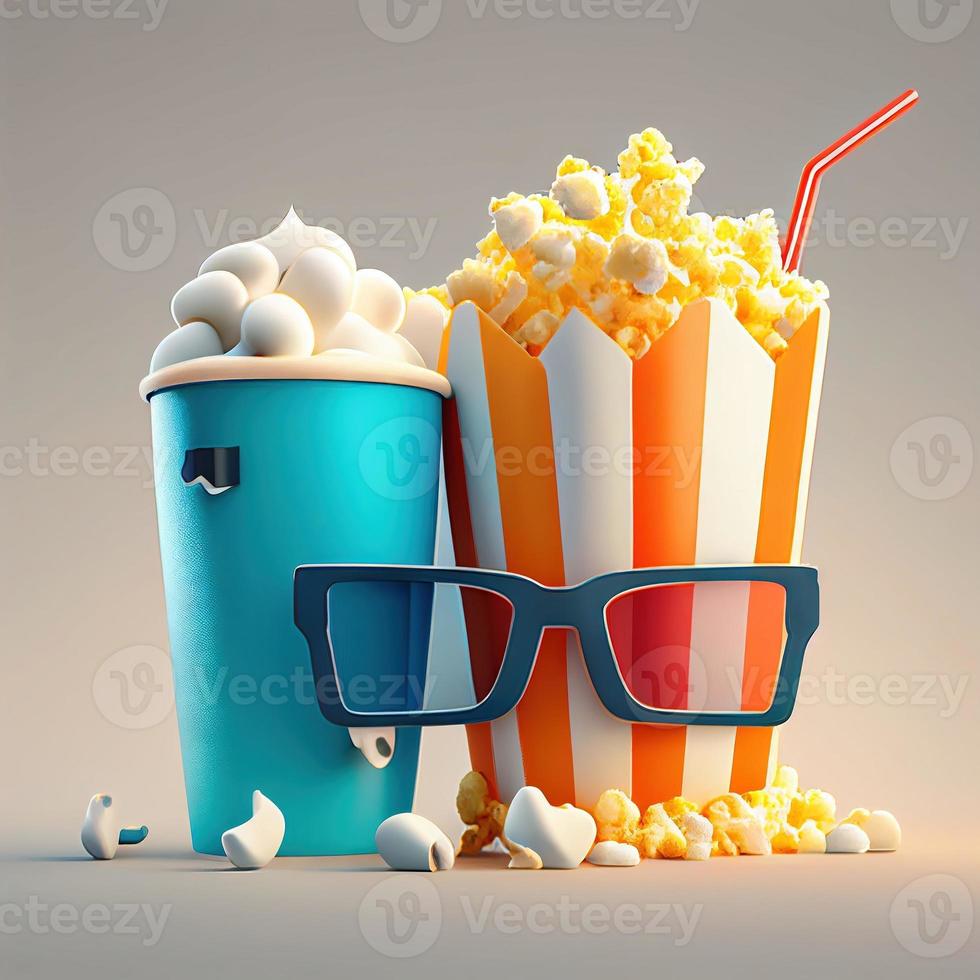 Eimer von Popcorn mit 3d Brille und Getränk Bild foto