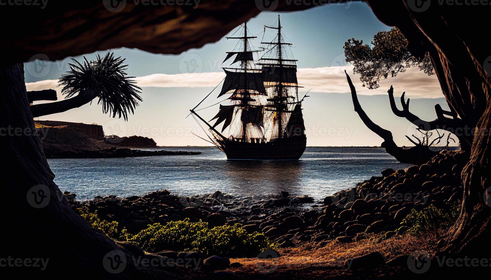 Meer Lagune mit hölzern Pirat Schiff mit schwarz Segel mit Schädel. tropisch Insel Sand Strand Landschaft mit Palme Bäume, Berge und Korsar Boot auf Wasser, Karikatur Illustration. ai foto