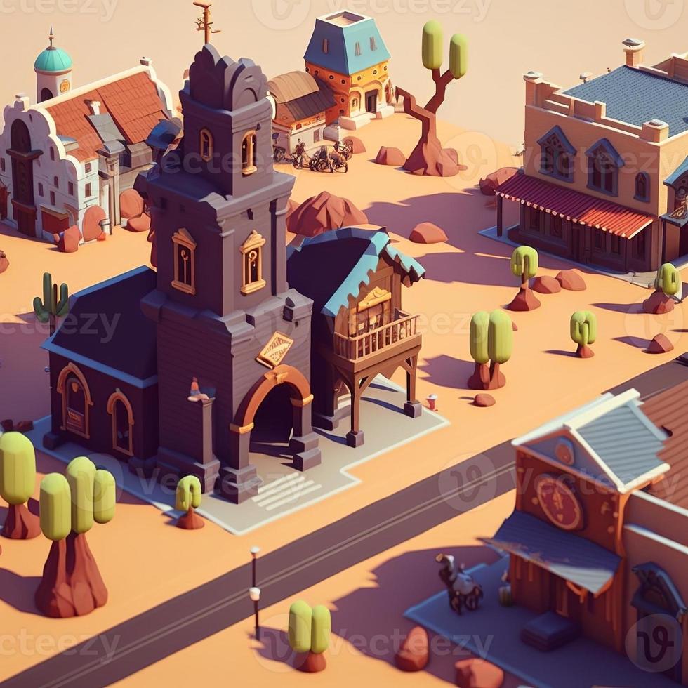 wild Westen Stadt, Dorf Landschaft, 3d süß Stil. Digital Illustration. ai foto