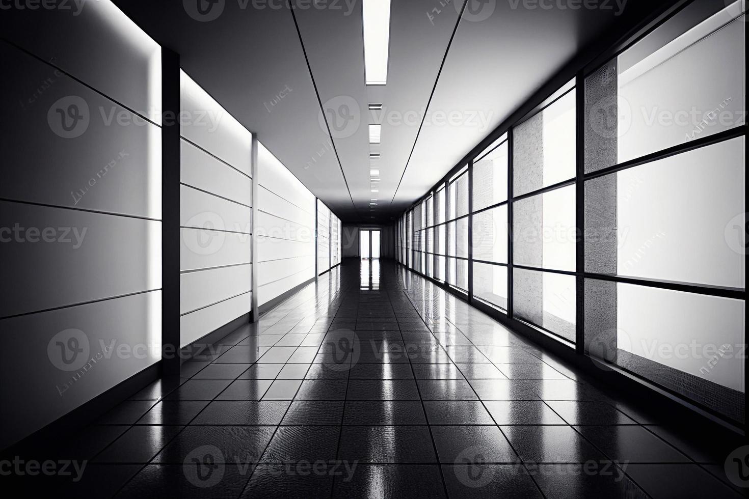 Hotel, Klinik oder Herberge Halle mit schwarz und Weiß Farbe. Gang mit Türen im Perspektive Sicht. ai foto