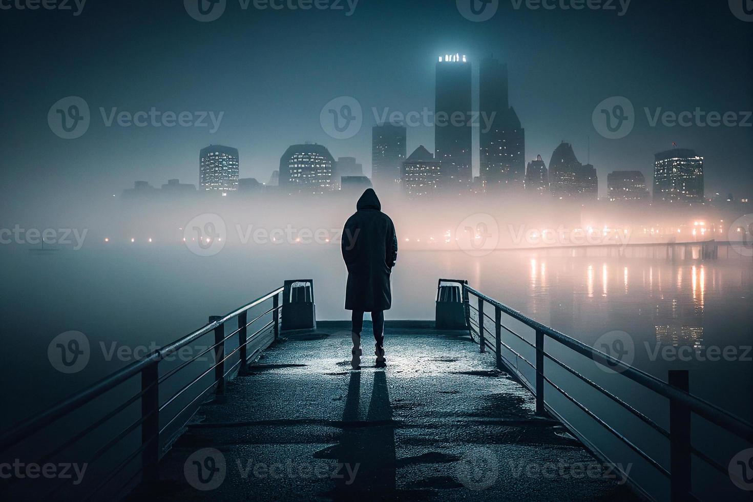 Mann im das Hafen im das Nebel ai foto
