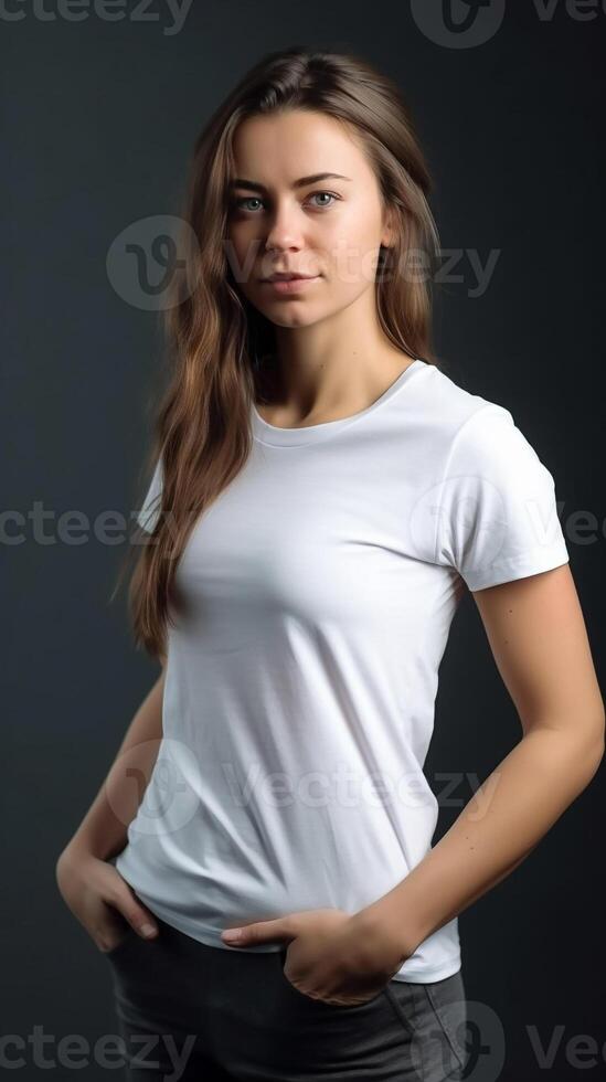 das Mädchen Modell- trägt ein Weiß T-Shirt Das dient wie ein Vorlage zum ein Design oder spotten hoch. ai generiert Illustration. foto