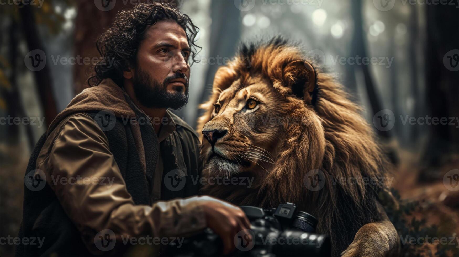 ein Mann und ein Löwe im ein natürlich Umgebung wie Beste Freunde. ai generiert Illustration foto