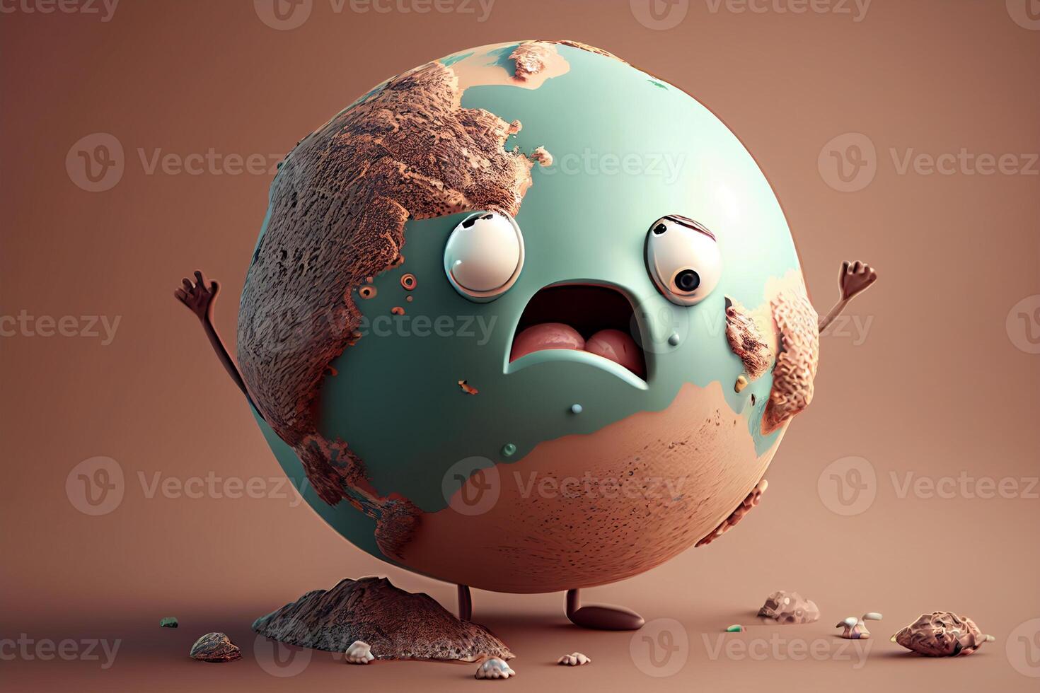 Karikatur Erde Charakter mit Emotionen. 3d machen. konzeptionelle Illustration. generativ ai foto
