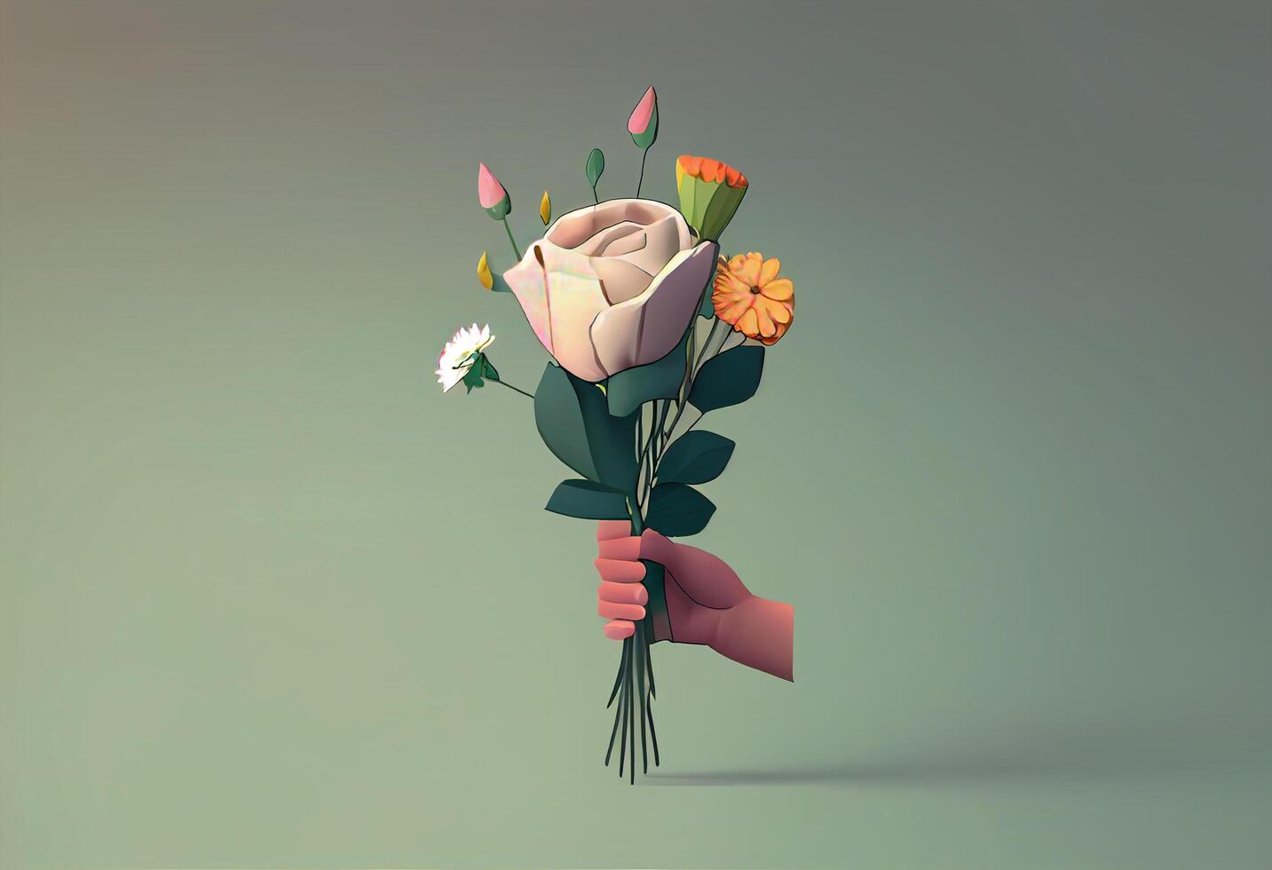 Strauß von Blumen im ein Hand wie ein Geschenk. 3d Rendern generativ ai foto